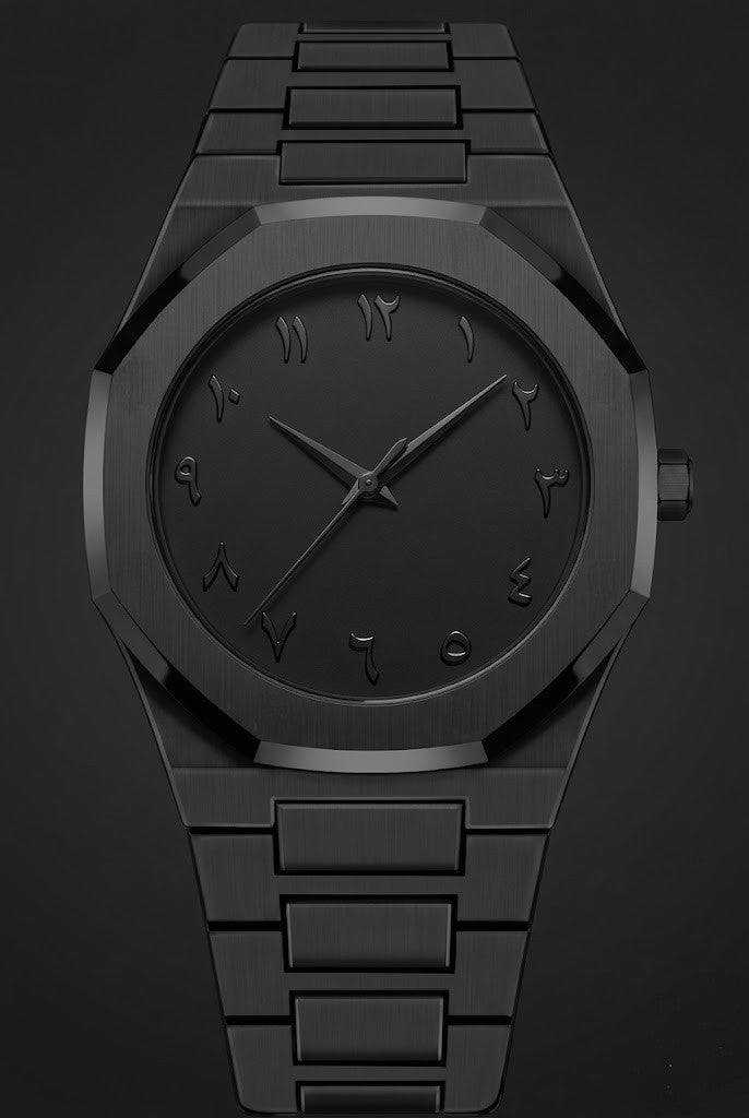 Luxeora Store all-black stainless steel watch with octagonal bezel, brushed finish, and raised Arabic numerals.