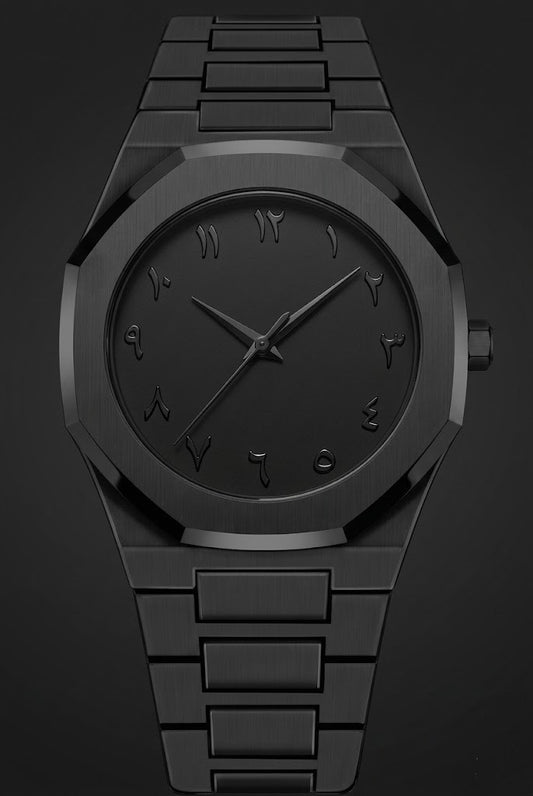 Luxeora Store all-black stainless steel watch with octagonal bezel, brushed finish, and raised Arabic numerals.
